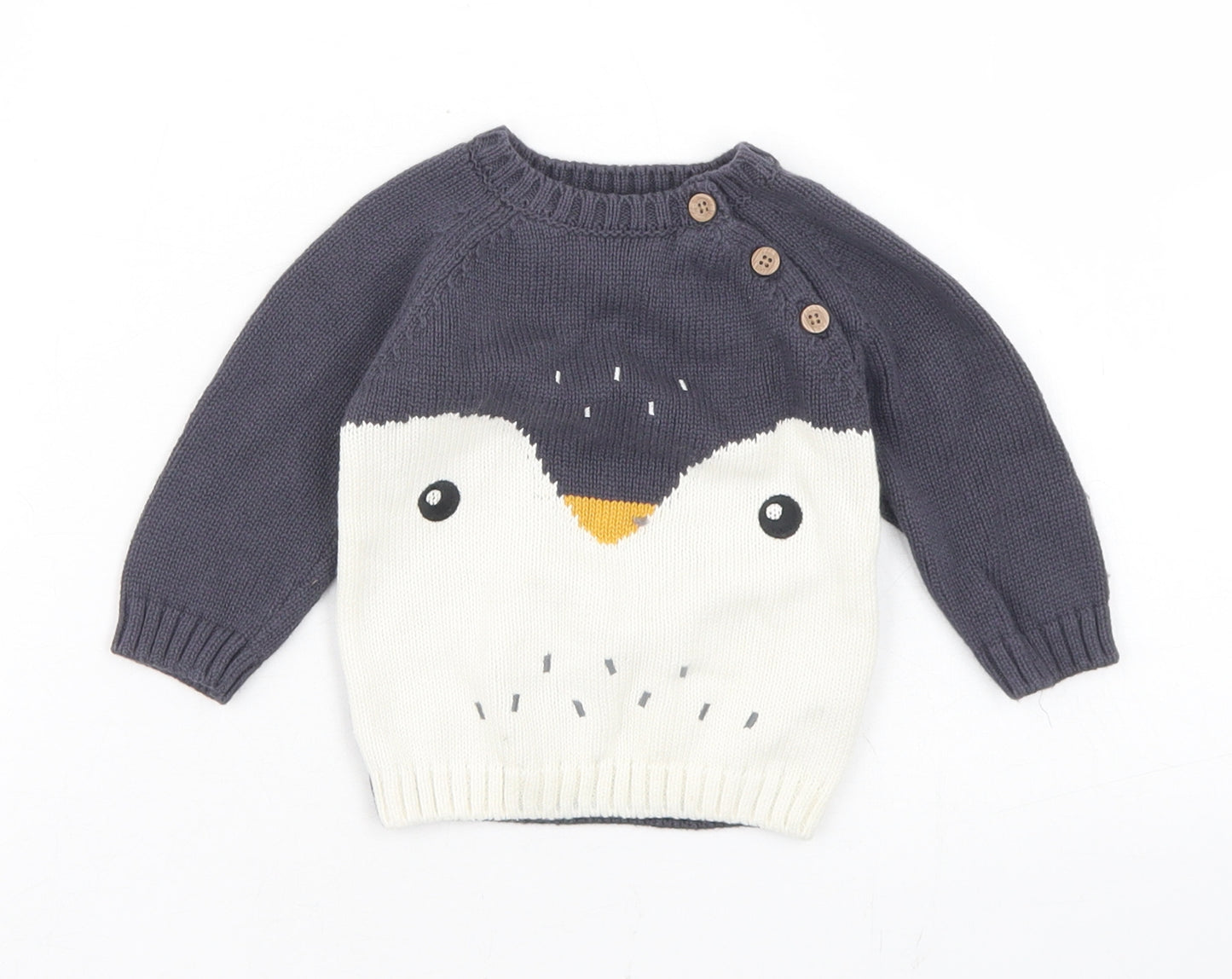 Fred & flo Boys Grey  Cotton Pullover Jumper Size 0-3 Months  Button - Penguin