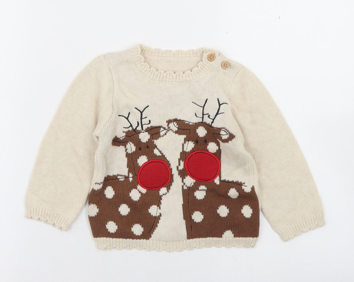 NEXT Girls Beige  Cotton Pullover Jumper Size 12-18 Months  Button - Reindeer Christmas