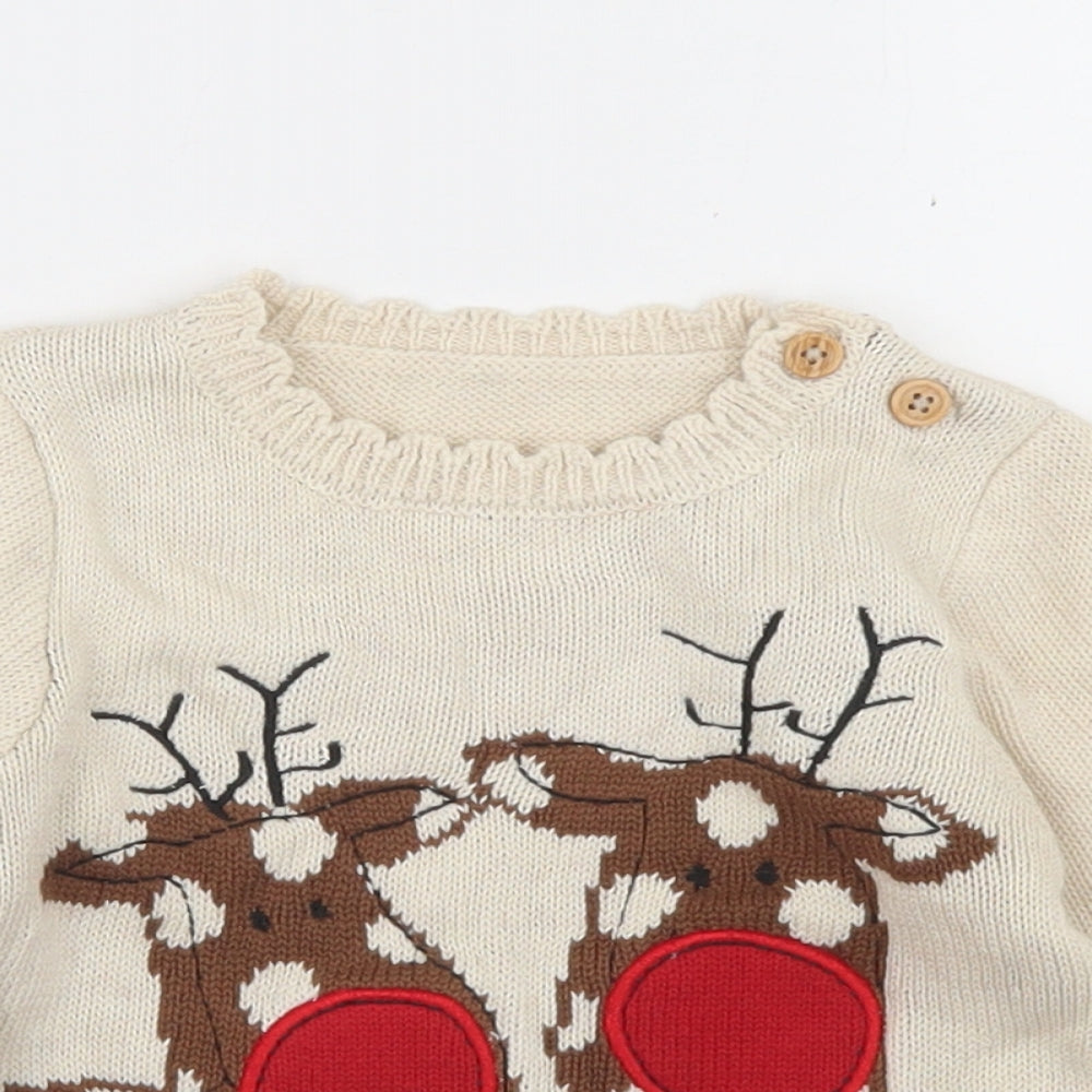NEXT Girls Beige  Cotton Pullover Jumper Size 12-18 Months  Button - Reindeer Christmas