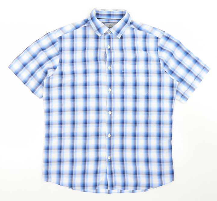 Marks and Spencer Mens Blue Plaid Modal Button-Up Size M Collared Button