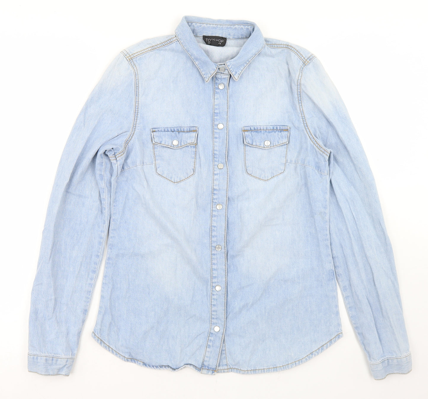 Topshop Womens Blue  Cotton Basic Button-Up Size 12 Collared