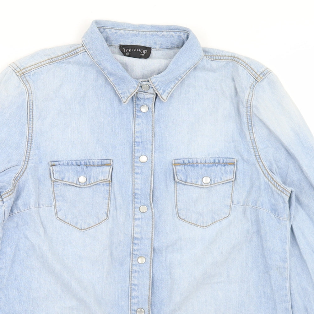 Topshop Womens Blue  Cotton Basic Button-Up Size 12 Collared