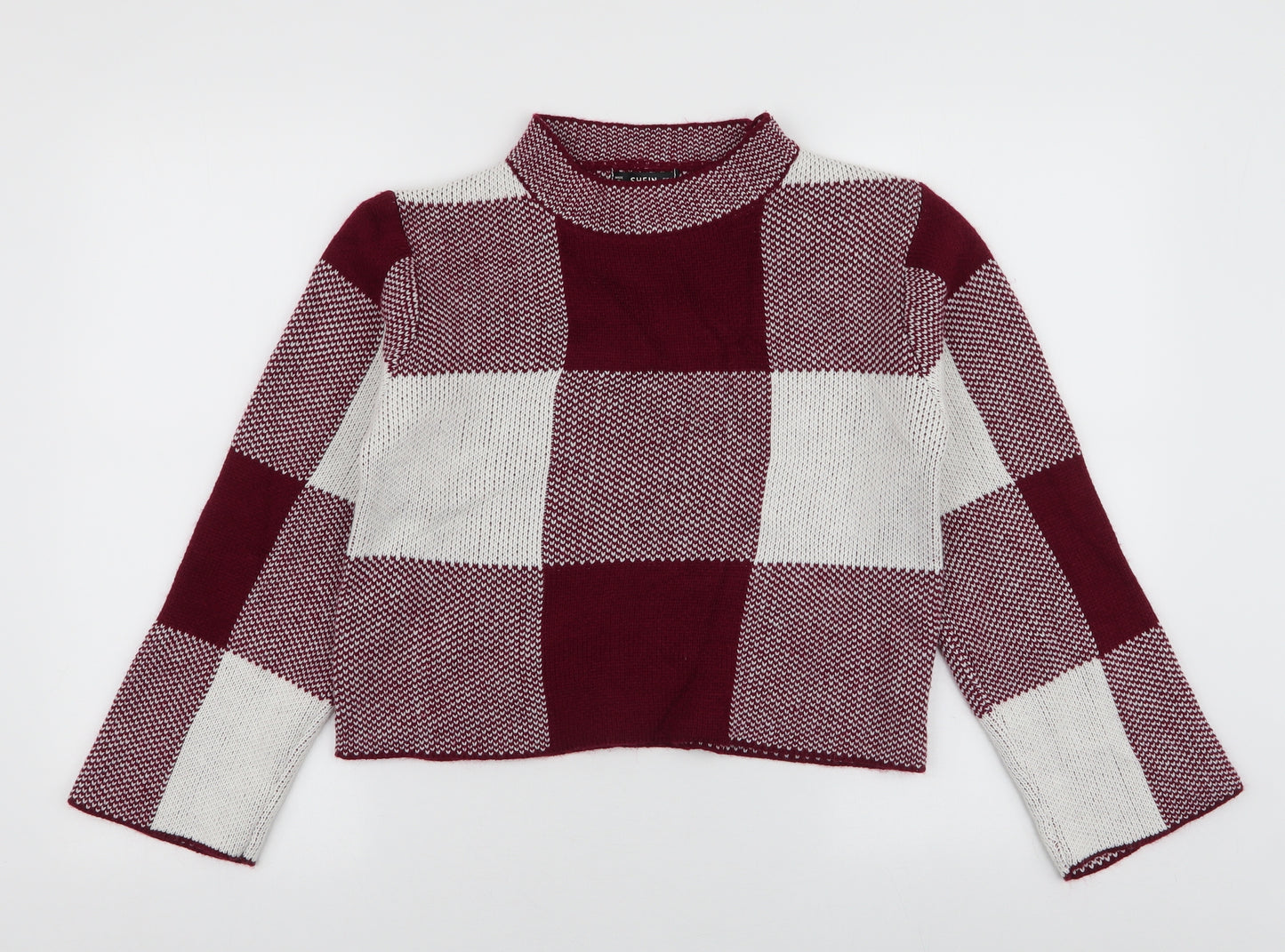SheIn Womens Red High Neck Plaid Acrylic Pullover Jumper Size S