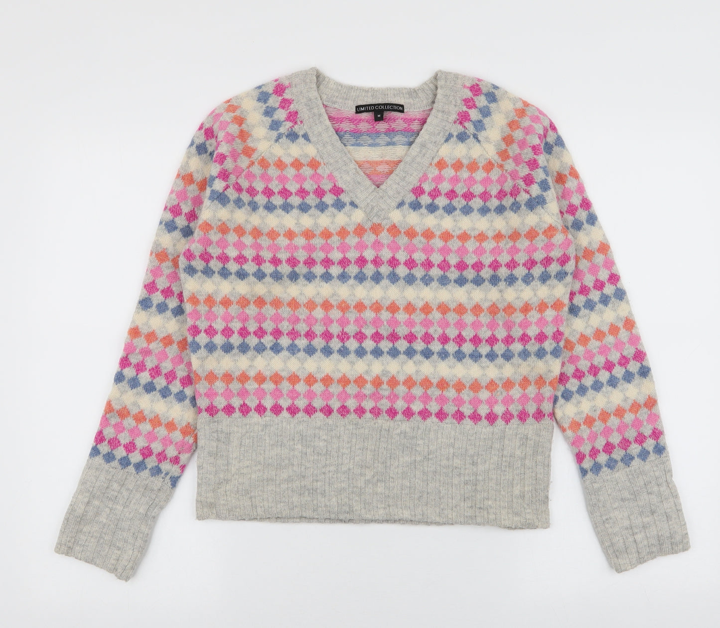 Marks and Spencer Womens Multicoloured V-Neck Geometric Wool Pullover Jumper Size M