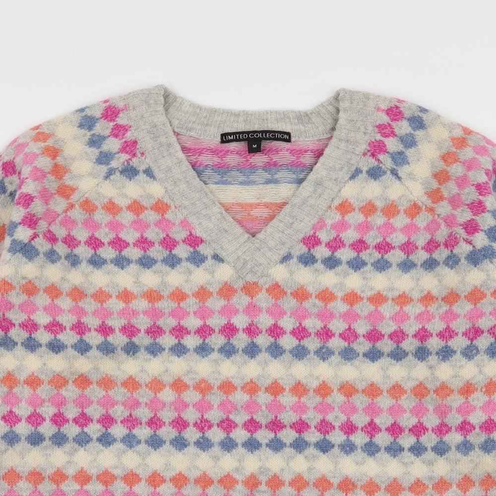 Marks and Spencer Womens Multicoloured V-Neck Geometric Wool Pullover Jumper Size M