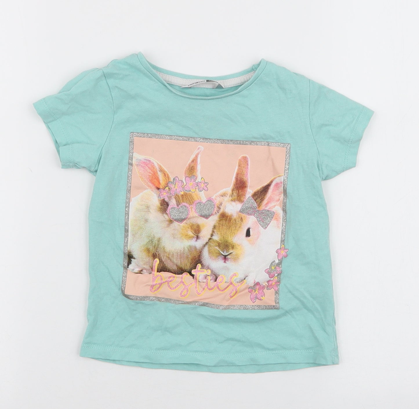 Pep & Co Girls Blue  100% Cotton Jersey T-Shirt Size 2-3 Years Round Neck Pullover - Rabbits
