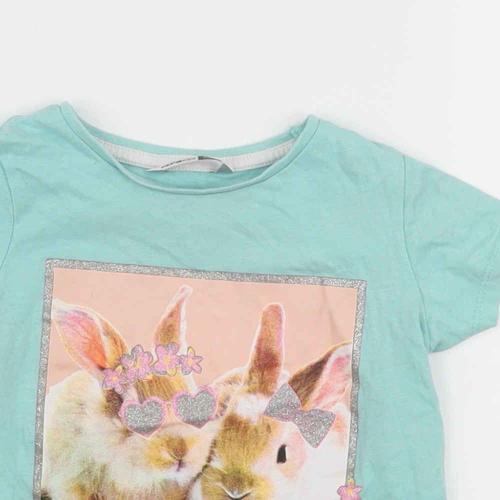 Pep & Co Girls Blue  100% Cotton Jersey T-Shirt Size 2-3 Years Round Neck Pullover - Rabbits
