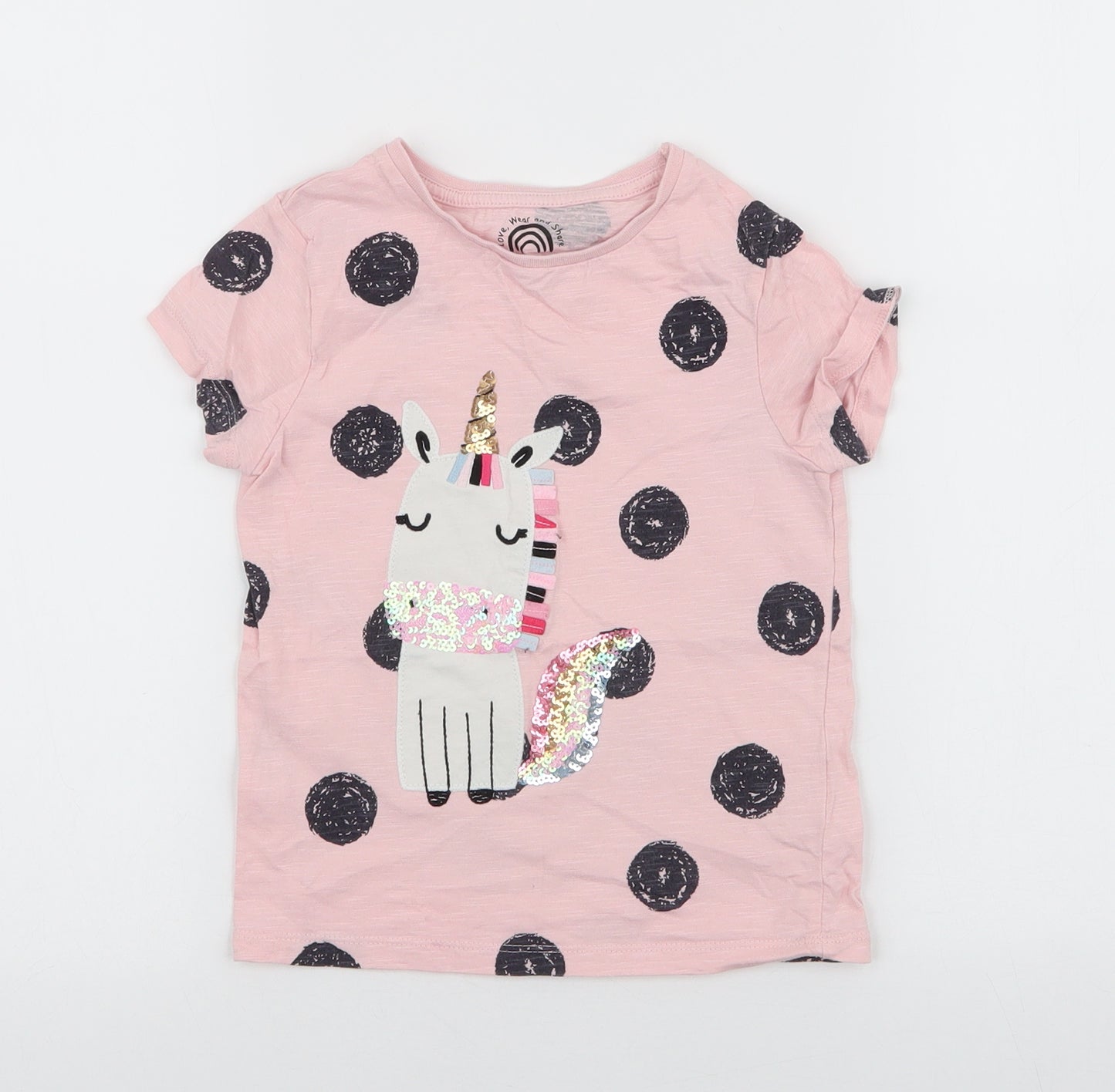 F&F Girls Pink Spotted 100% Cotton Jersey T-Shirt Size 4-5 Years Round Neck Pullover - Unicorn