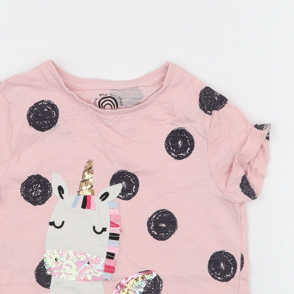 F&F Girls Pink Spotted 100% Cotton Jersey T-Shirt Size 4-5 Years Round Neck Pullover - Unicorn