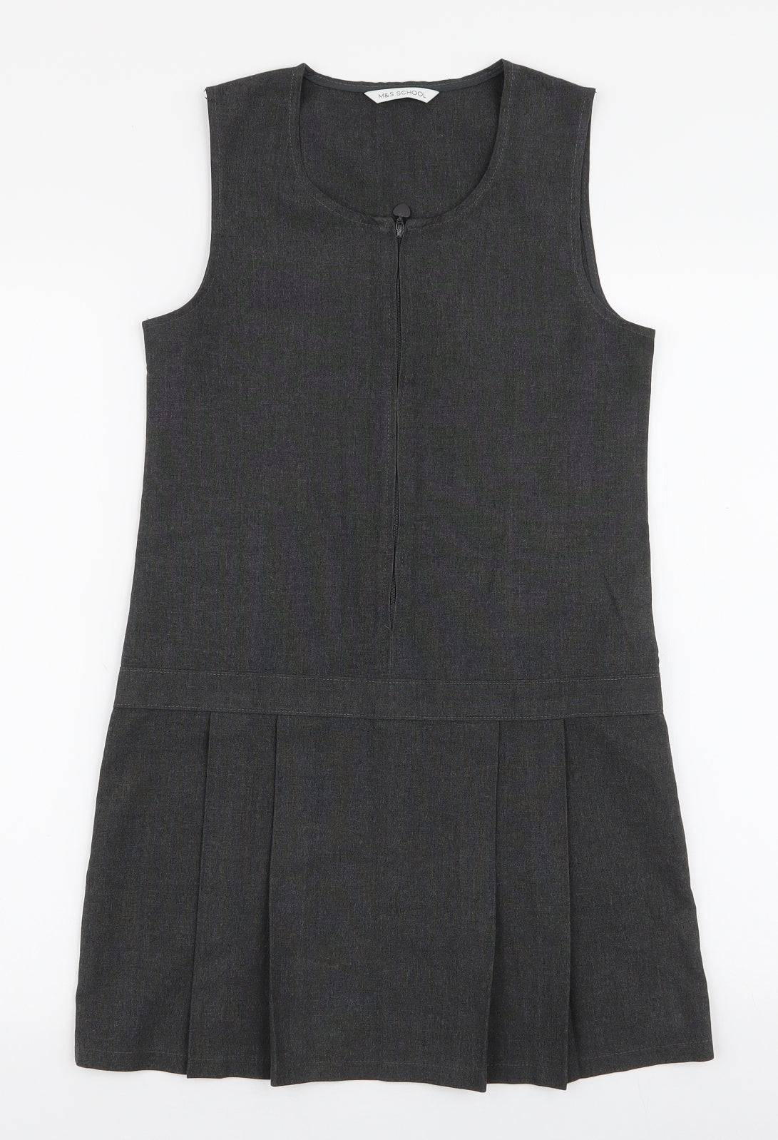 Marks and Spencer Girls Grey  Polyester Pinafore/Dungaree Dress  Size 9-10 Years  Round Neck Zip - School Dress