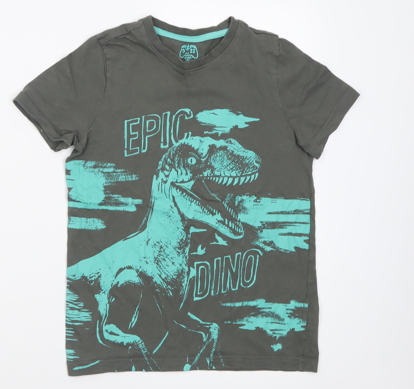 F&F Boys Green  Cotton Basic T-Shirt Size 8-9 Years Crew Neck Pullover - DInosaurs