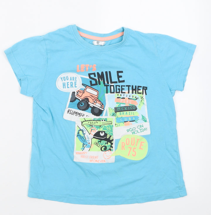 Preworn Boys Blue Cotton Basic T-Shirt Size 8 Years Crew Neck Pullover - Lets smile together