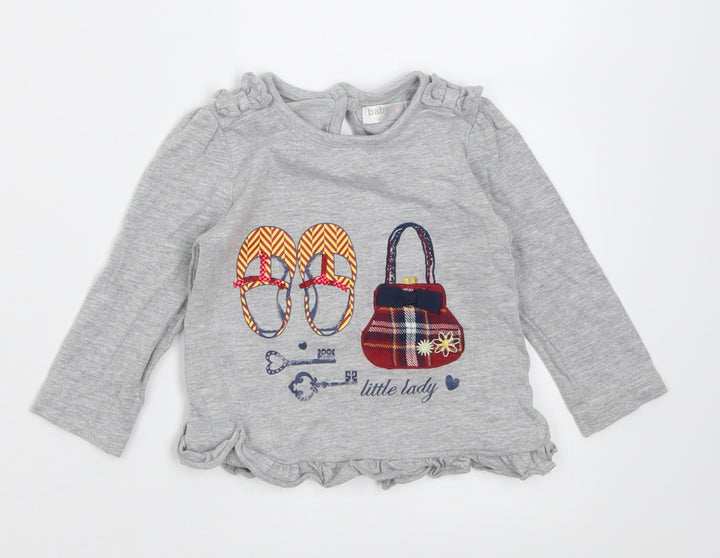 M&Co Girls Grey Cotton Basic Casual Size 6-9 Months Crew Neck Button - little lady
