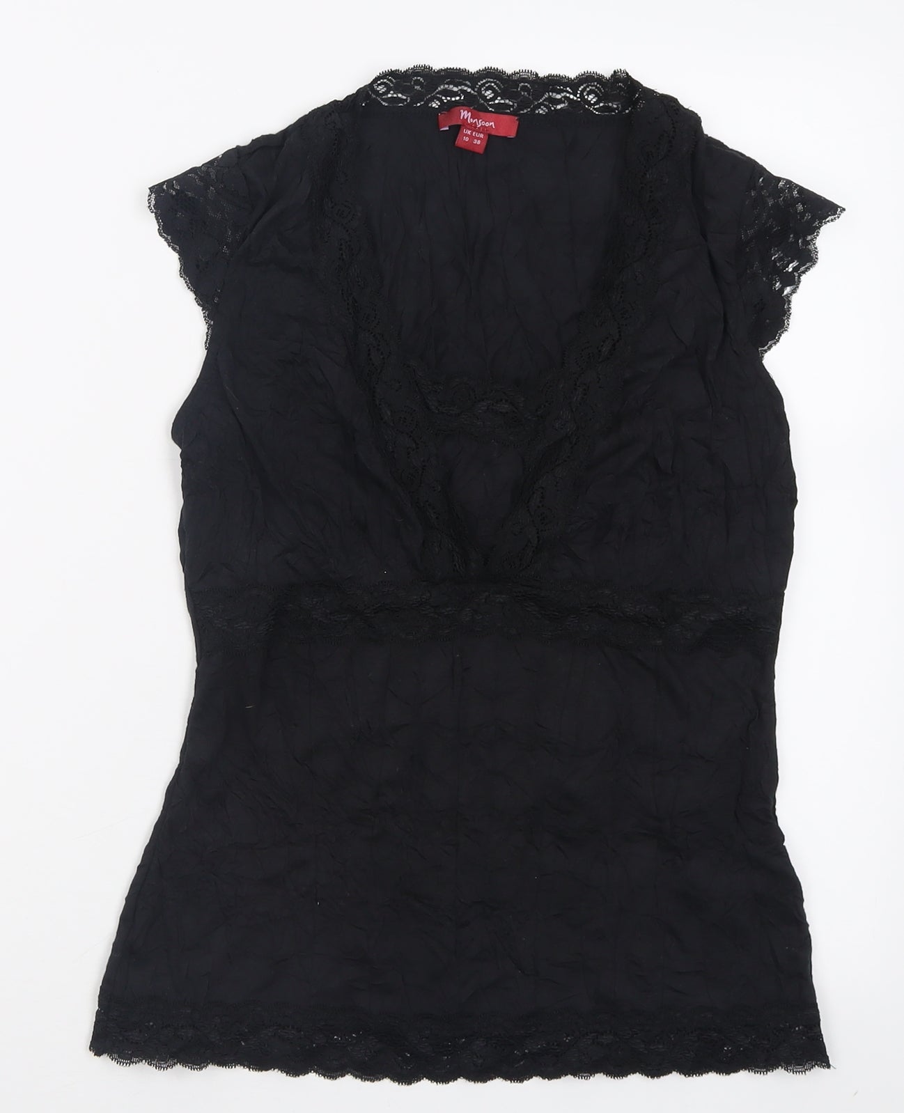 Monsoon Womens Black  Polyester Basic Tank Size 10 V-Neck - Lace Trim