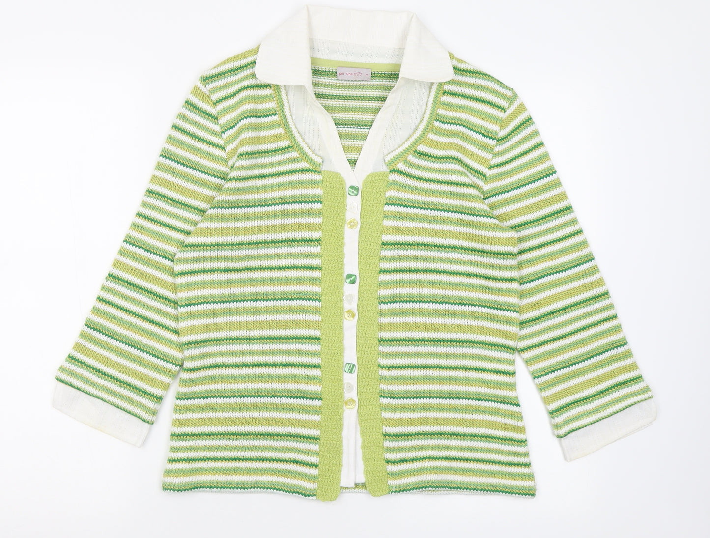 Per Una Womens Green V-Neck Striped Acrylic Pullover Jumper Size M