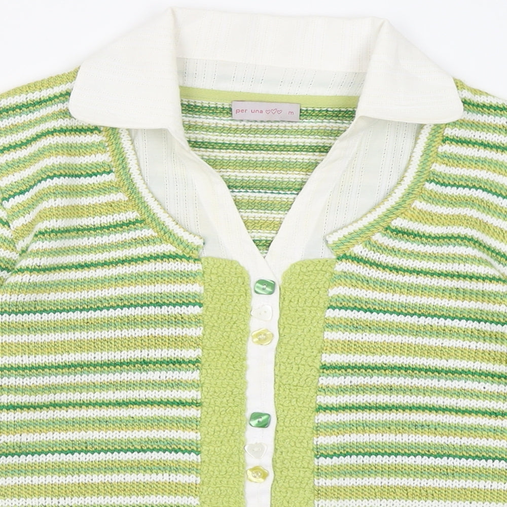 Per Una Womens Green V-Neck Striped Acrylic Pullover Jumper Size M