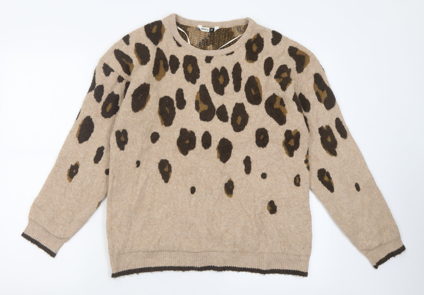 pep&co Womens Brown Crew Neck Animal Print Acrylic Pullover Jumper Size 12