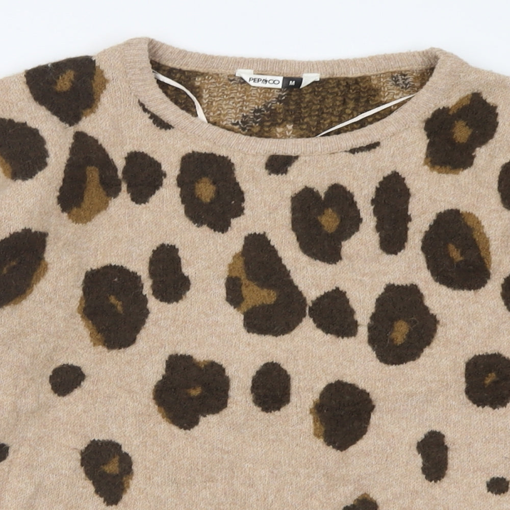 pep&co Womens Brown Crew Neck Animal Print Acrylic Pullover Jumper Size 12