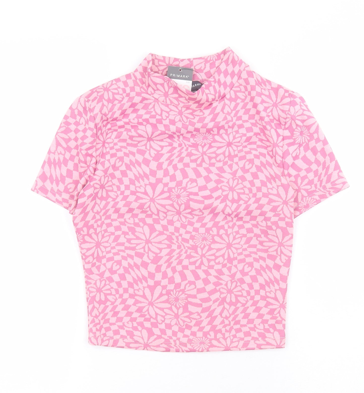 Primark Womens Pink Geometric Polyester Basic T-Shirt Size 2XS High Neck - Crop