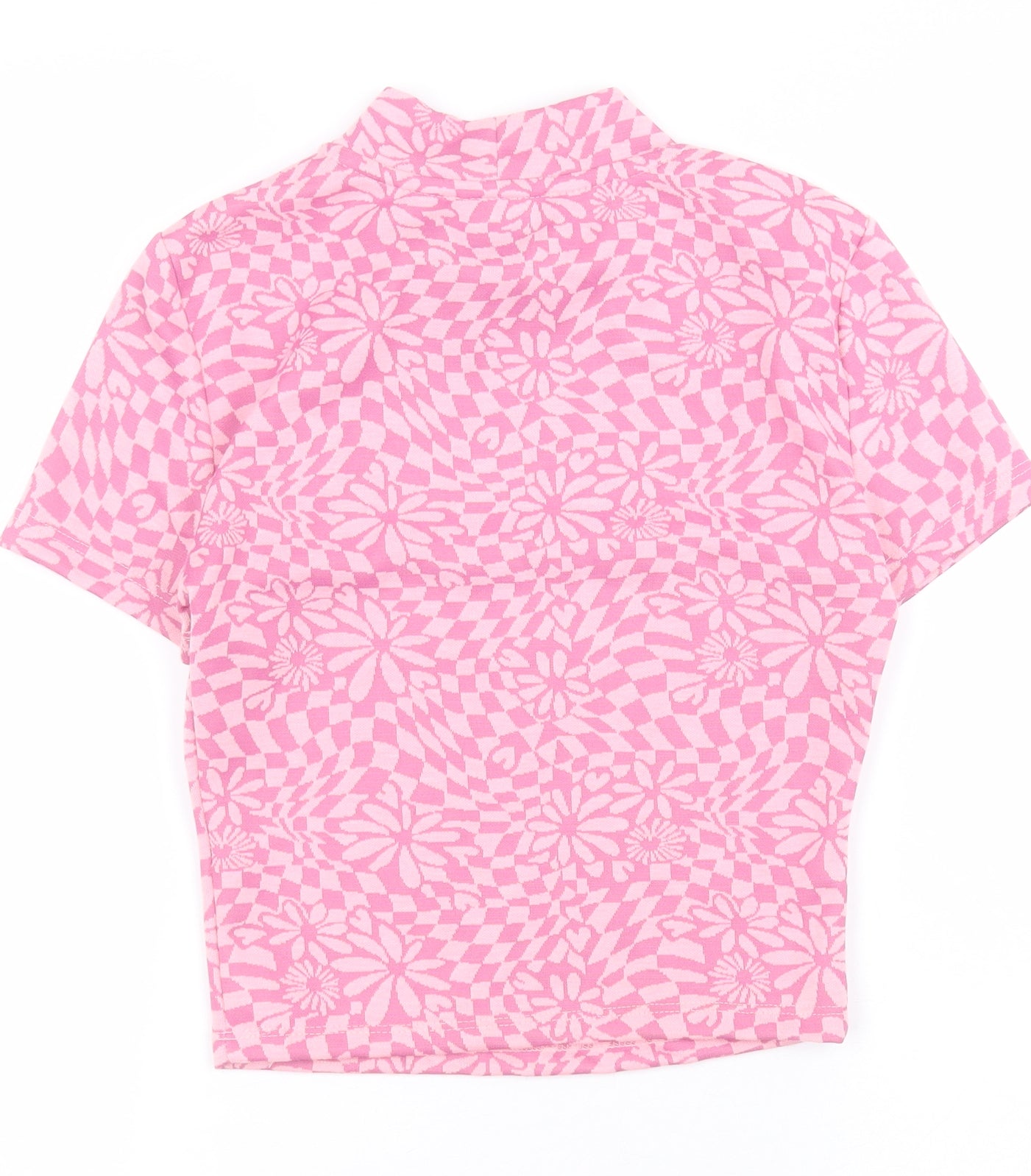Primark Womens Pink Geometric Polyester Basic T-Shirt Size 2XS High Neck - Crop