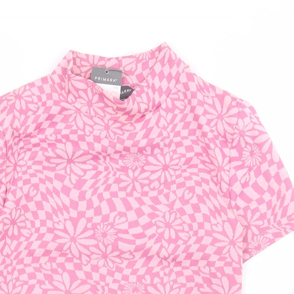 Primark Womens Pink Geometric Polyester Basic T-Shirt Size 2XS High Neck - Crop