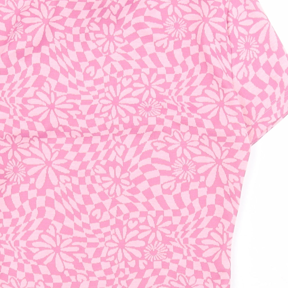Primark Womens Pink Geometric Polyester Basic T-Shirt Size 2XS High Neck - Crop