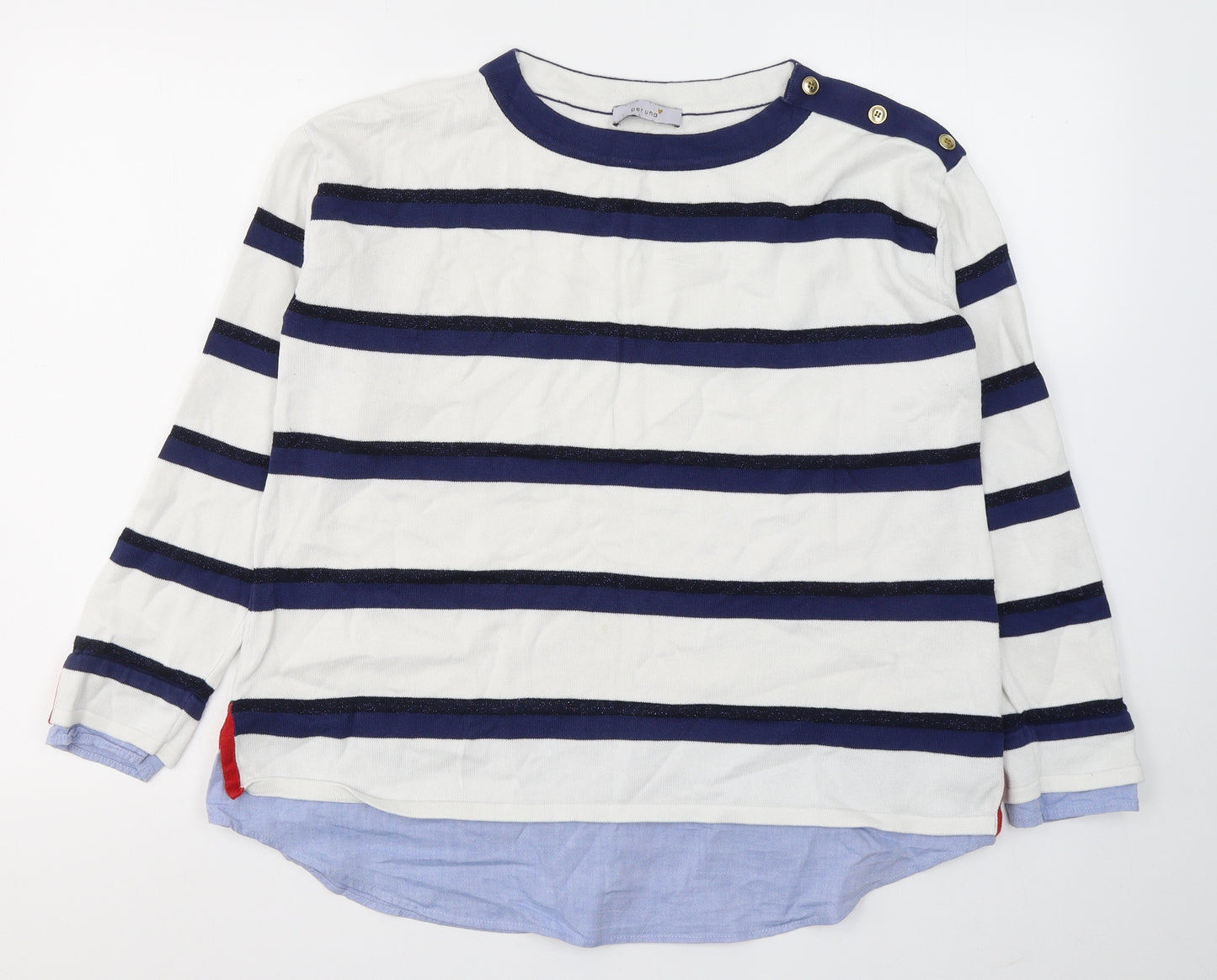 Per Una Womens White Striped Cotton Basic Blouse Size 14 Round Neck