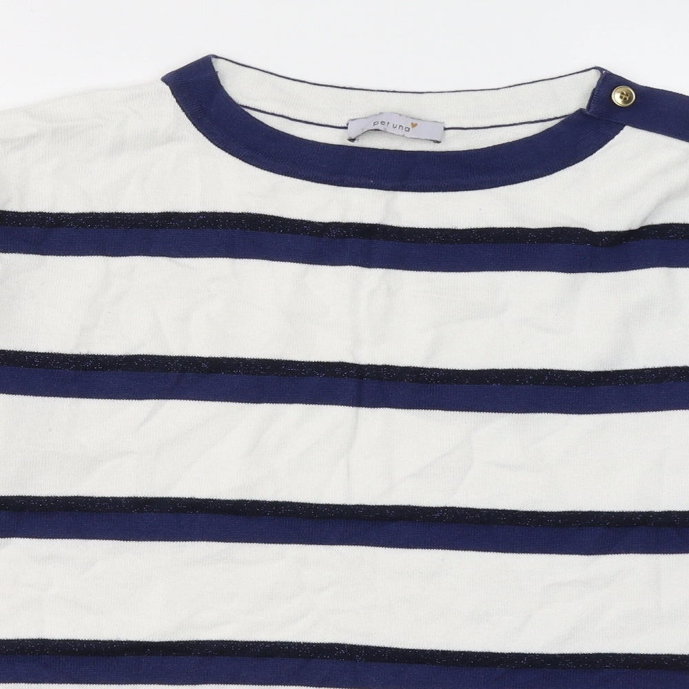 Per Una Womens White Striped Cotton Basic Blouse Size 14 Round Neck