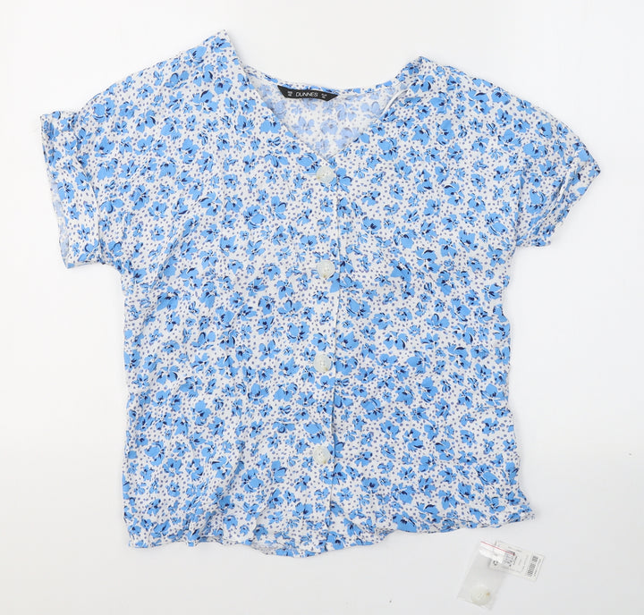 Dunnes Stores Womens Blue Floral Viscose Basic T-Shirt Size XS V-Neck