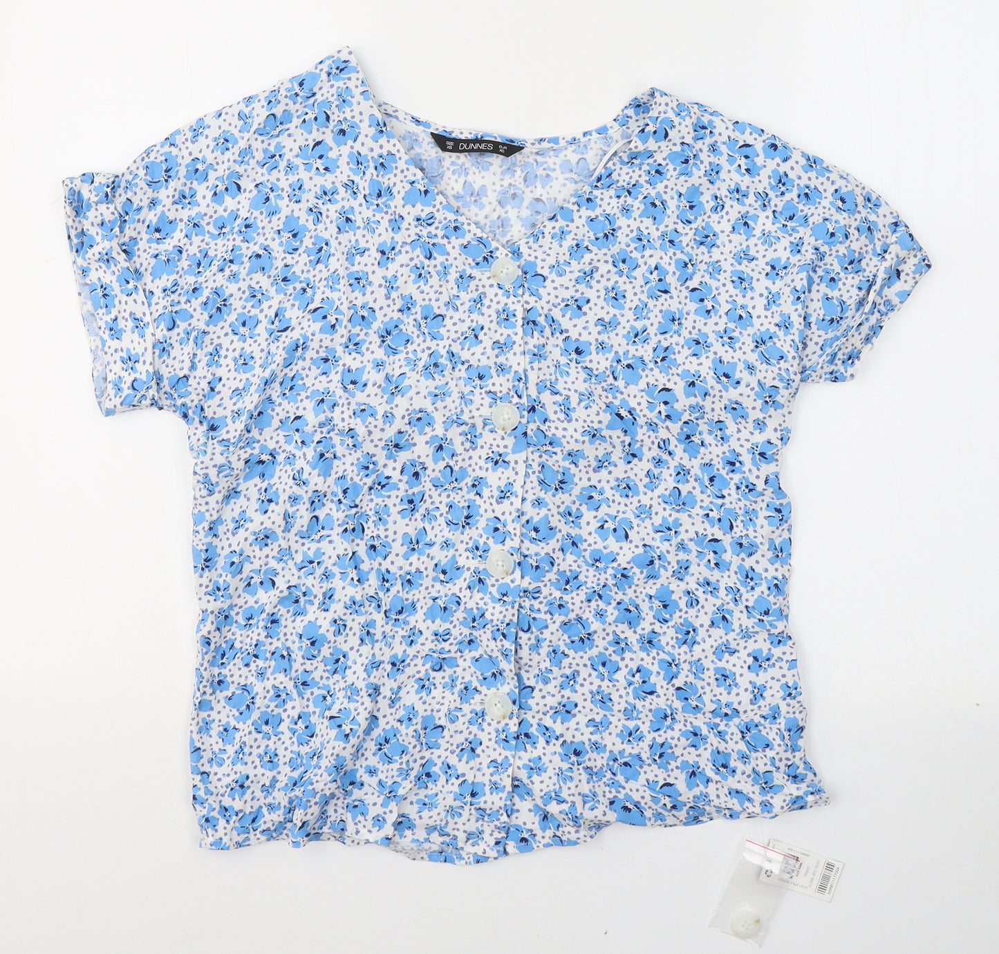 Dunnes Stores Womens Blue Floral Viscose Basic T-Shirt Size XS V-Neck
