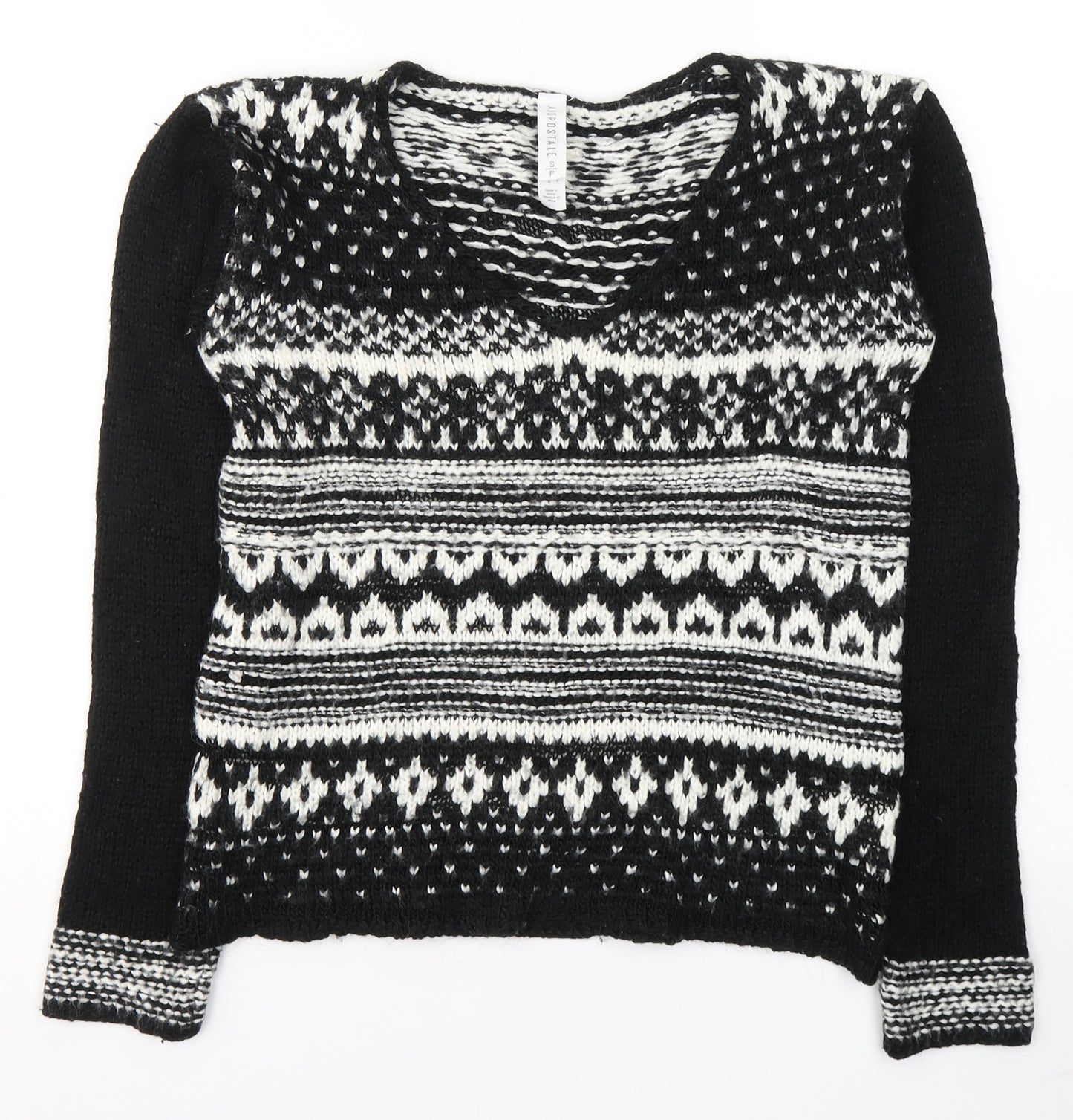 Aeropostale Womens Black V-Neck Geometric Acrylic Pullover Jumper Size S