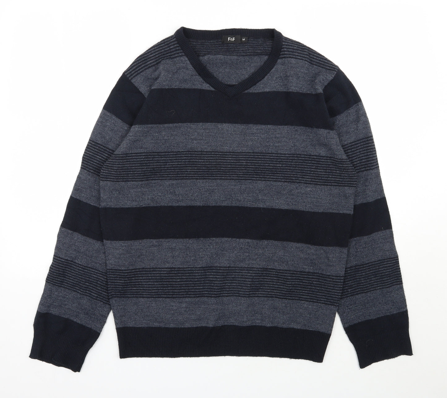 F&F Mens Blue V-Neck Striped Acrylic Pullover Jumper Size M