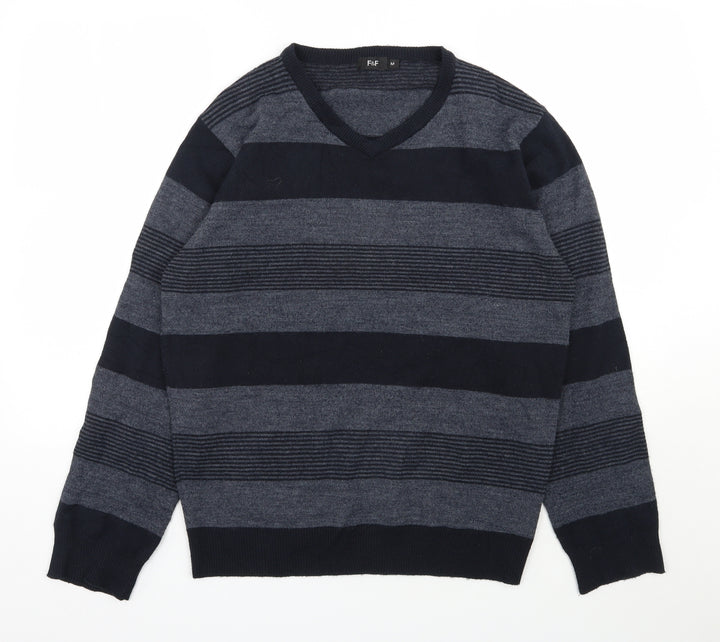 F&F Mens Blue V-Neck Striped Acrylic Pullover Jumper Size M