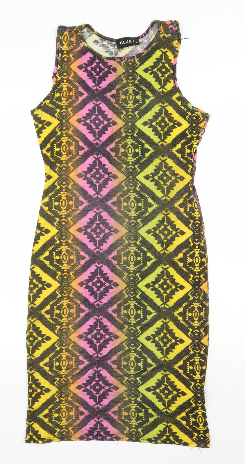 Club L Womens Multicoloured Geometric Viscose Bodycon  Size 12  Round Neck Pullover