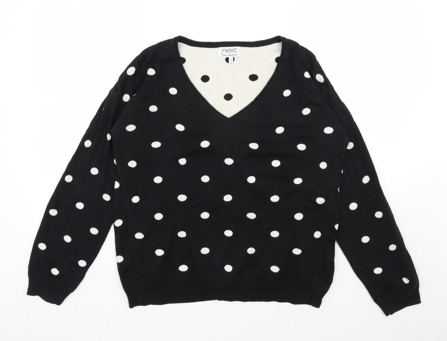 NEXT Womens Black V-Neck Polka Dot Cotton Pullover Jumper Size 14