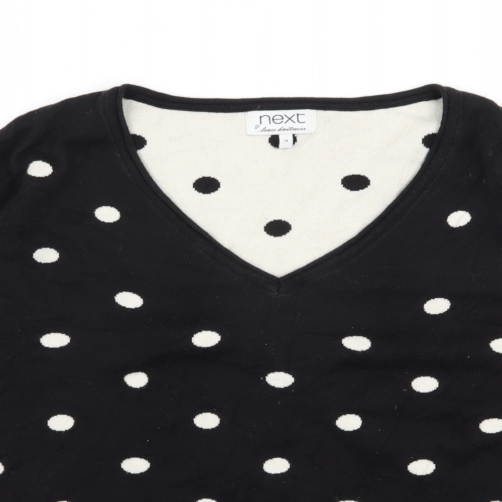 NEXT Womens Black V-Neck Polka Dot Cotton Pullover Jumper Size 14