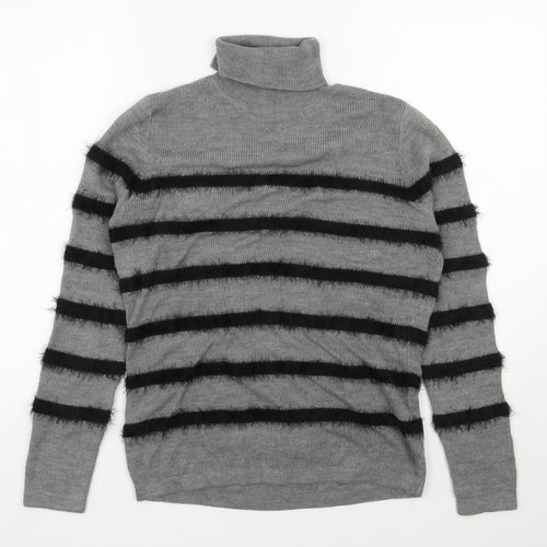 Therapy Womens Grey Roll Neck Striped Acrylic Pullover Jumper Size M