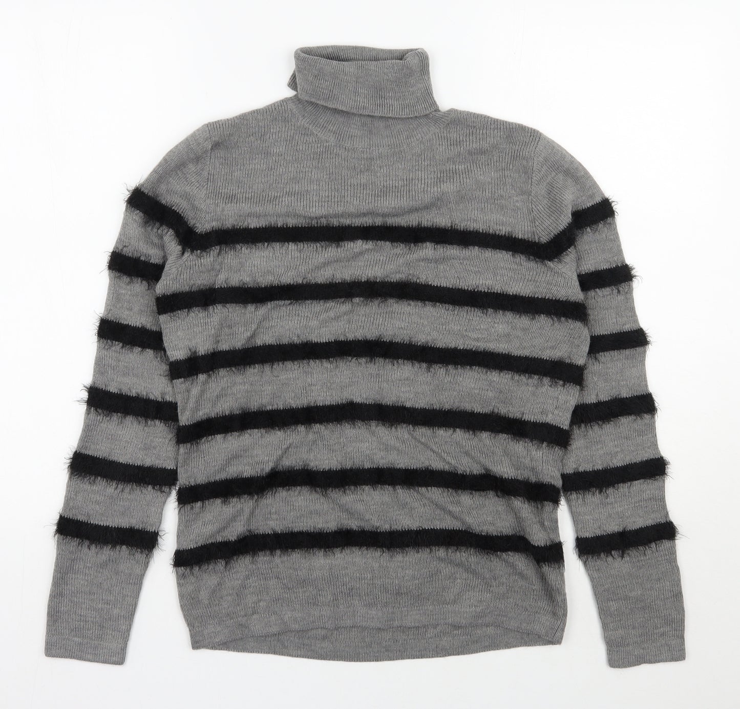 Therapy Womens Grey Roll Neck Striped Acrylic Pullover Jumper Size M