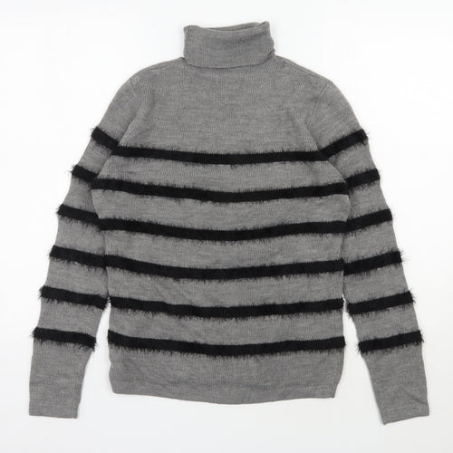 Therapy Womens Grey Roll Neck Striped Acrylic Pullover Jumper Size M