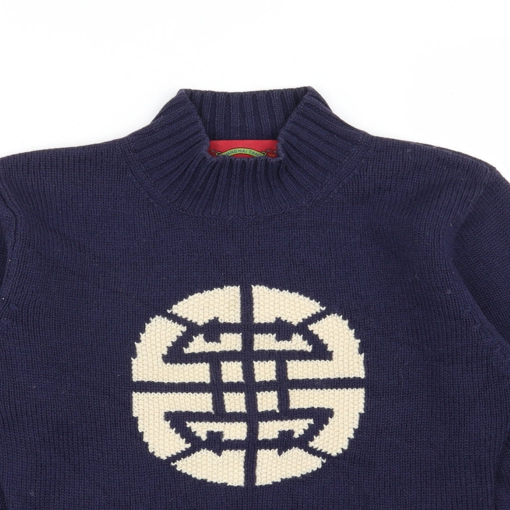 Shanghai Tang Womens Blue High Neck  Wool Pullover Jumper Size M