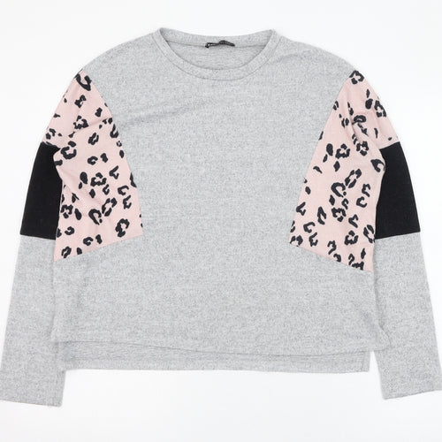 SheIn Womens Grey Round Neck Animal Print Polyester Pullover Jumper Size 8