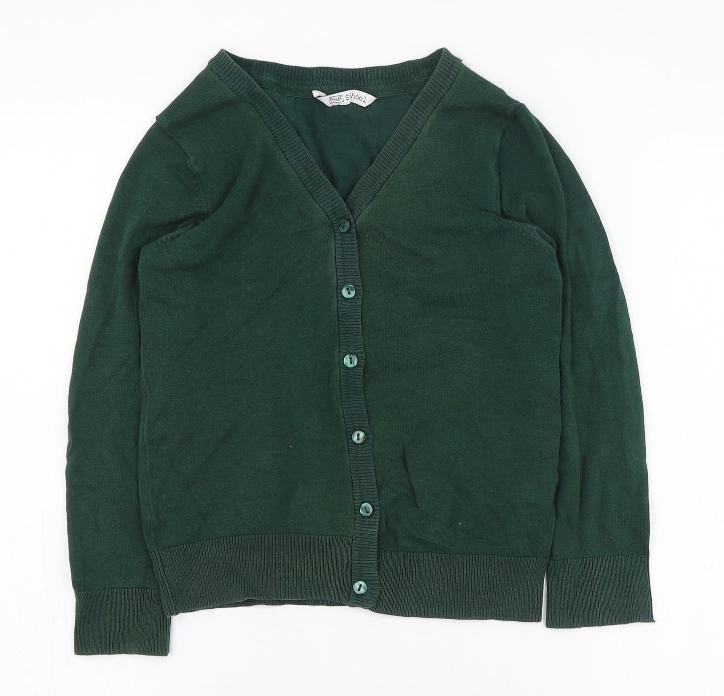 F&F Girls Green V-Neck  Cotton Cardigan Jumper Size 8-9 Years  Button - School