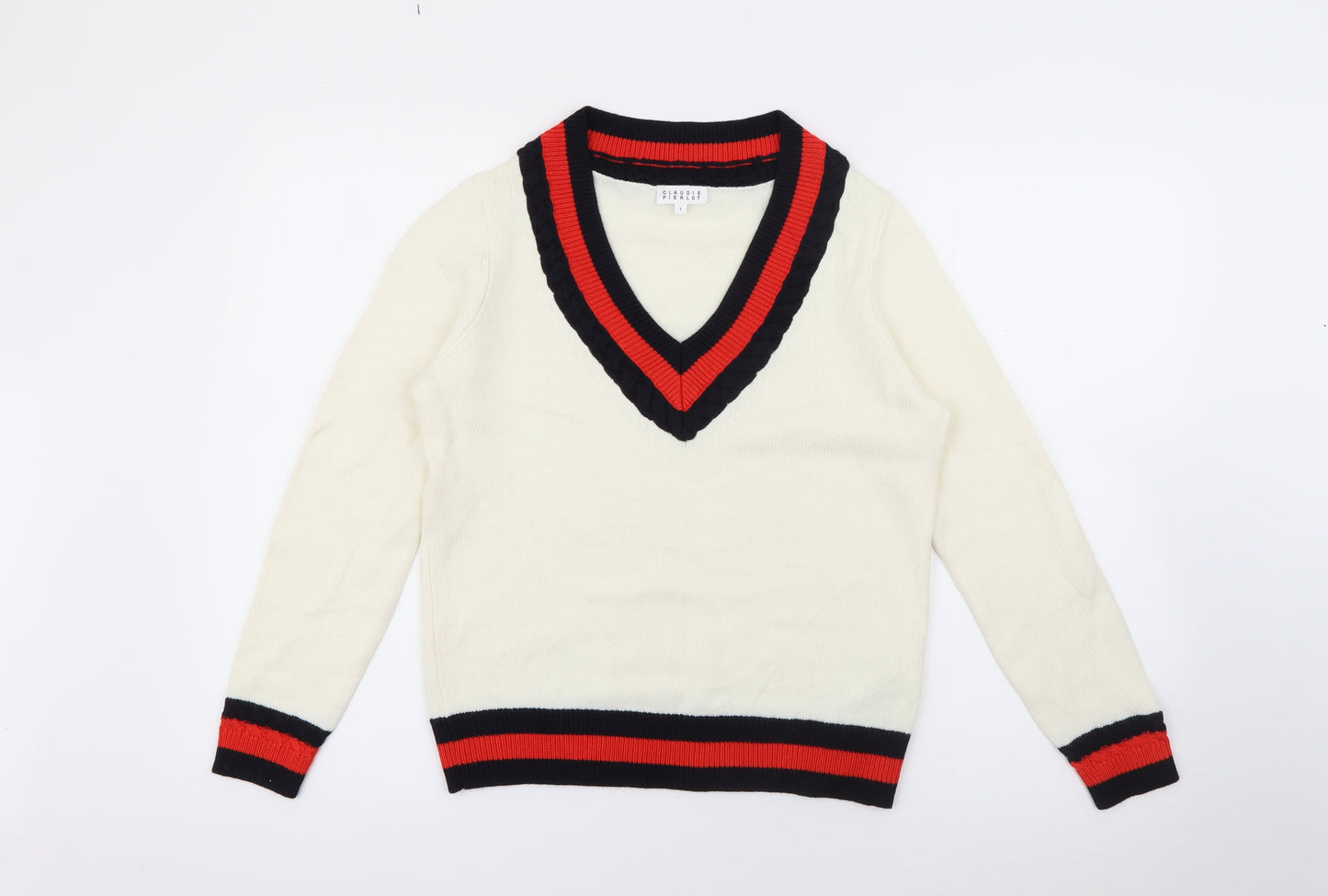 CLAUDIE PIERLOT Womens White V-Neck  Wool Pullover Jumper Size 8