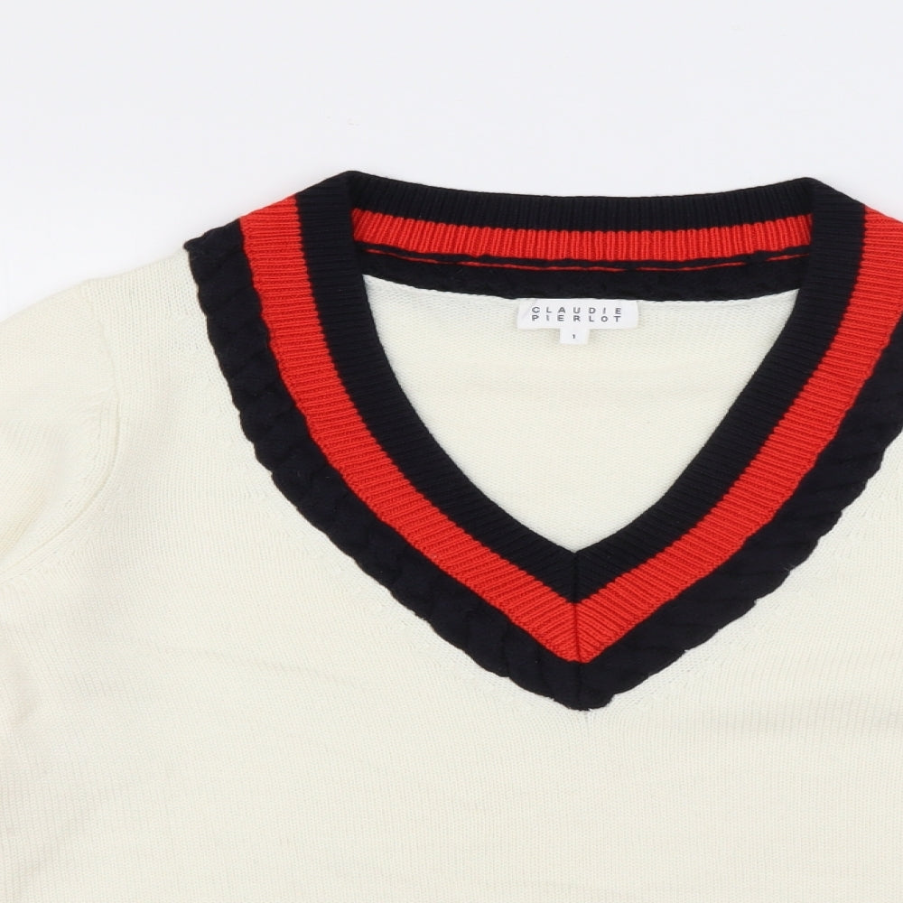 CLAUDIE PIERLOT Womens White V-Neck  Wool Pullover Jumper Size 8