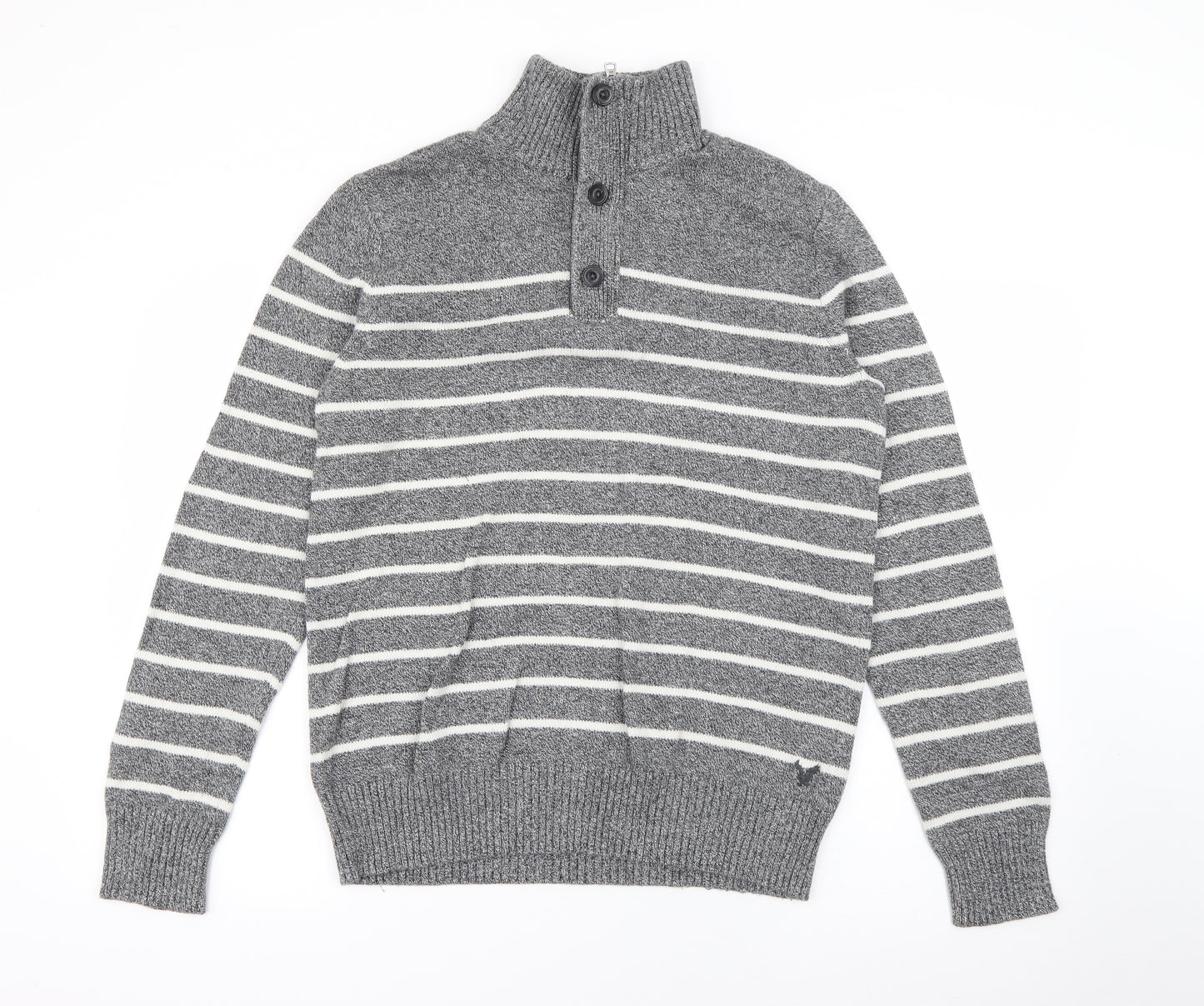 American Eagle  Mens Grey High Neck Striped Cotton Pullover Jumper Size M