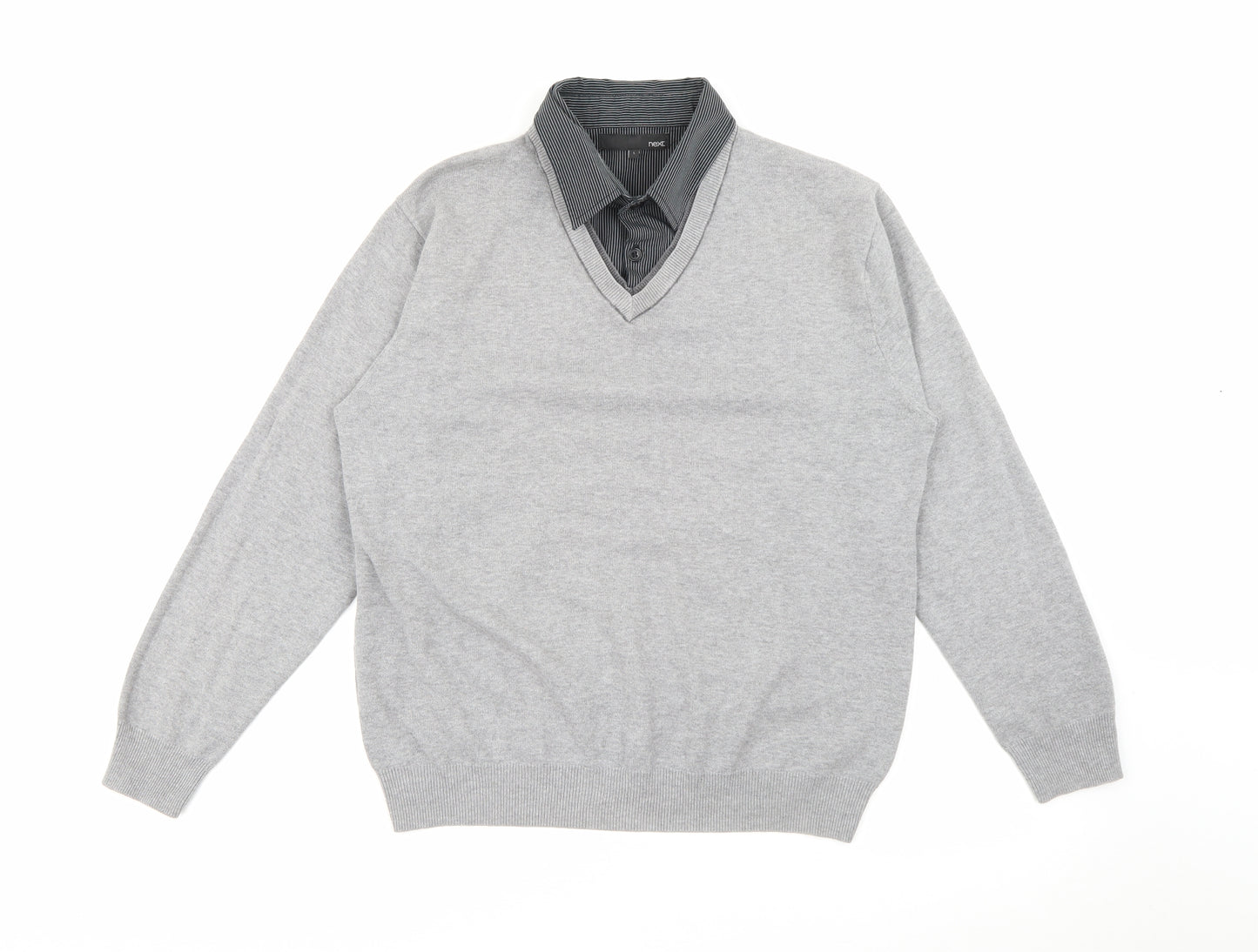 NEXT Mens Grey Collared Striped Cotton Pullover Jumper Size L