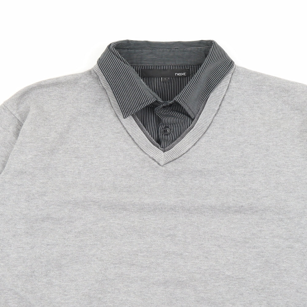 NEXT Mens Grey Collared Striped Cotton Pullover Jumper Size L