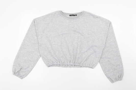 Front view of Boohoo women’s grey crew neck polyester jumper, size UK 12