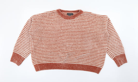 Front view of Primark women’s orange collared striped polyester jumper, size M