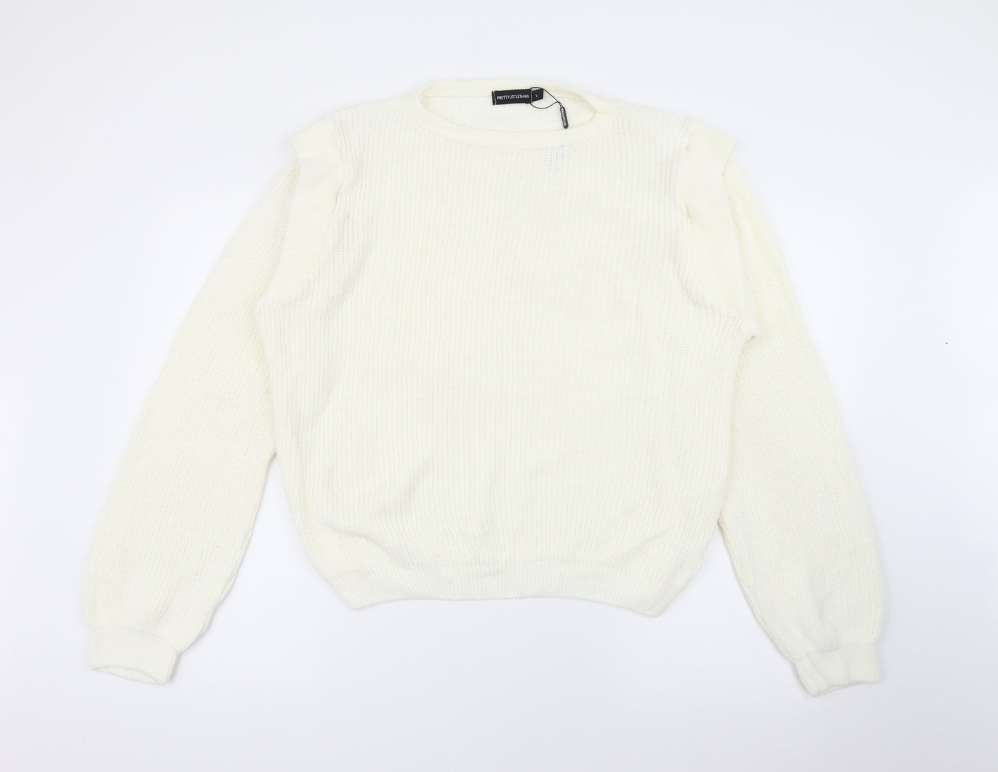 PRETTYLITTLETHING Womens White Scoop Neck  Acrylic Pullover Jumper Size L